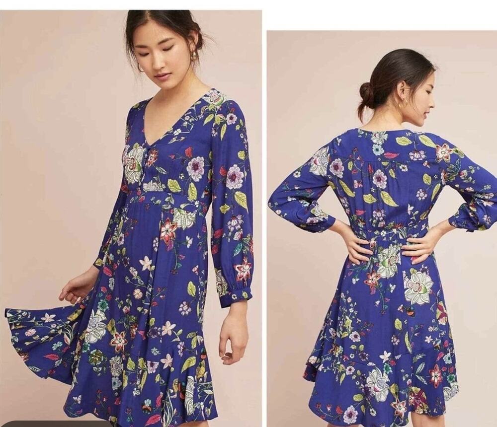 Anthropologie Maeve Boho Maplewood Blue Floral Dress Sz XS #731‎